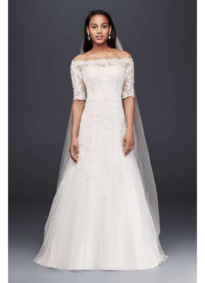 Jewel Off the Shoulder 3/4 Sleeve Wedding Dress - This A-line wedding gown features feminine details perfect